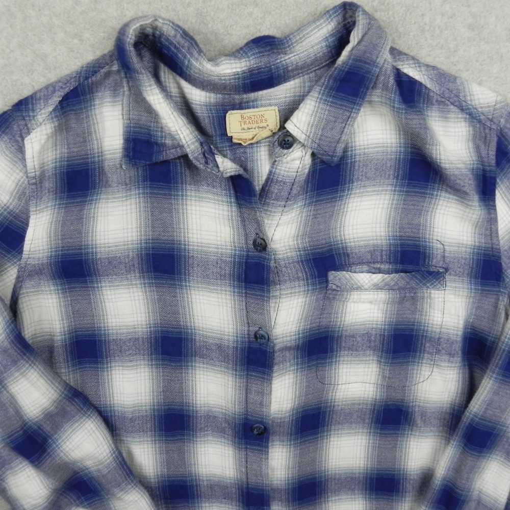 Boston Traders Flannel Shirt Top Womens Medium Button Up Blue Plaid Long Sleeve - Picture 2 of 10